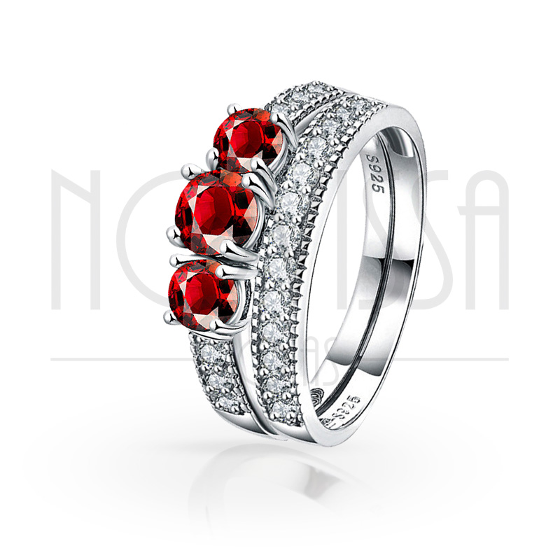 imagem RUBI 2 LINDOS ANEIS DE PRATA 925S COM 3 LINDOS CRISTAIS COR RUBI DE SWAROVSKI