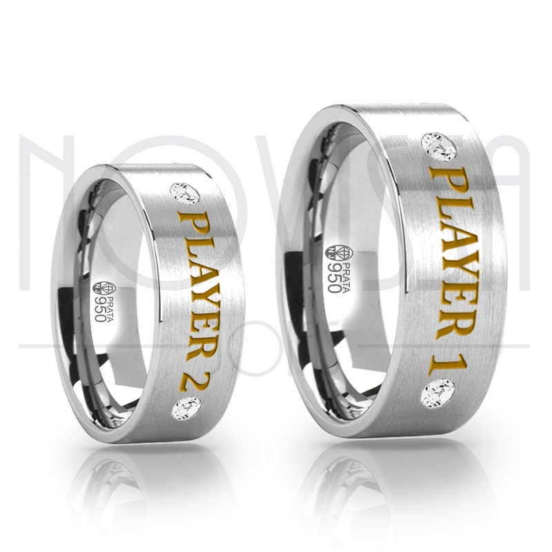 imagem PLAYER 1 AND PLAYER 2 - ALIANÇAS DE PRATA 950 COM SWAROVSKI, ACABAMENTO FOSCO COM OURO 18K