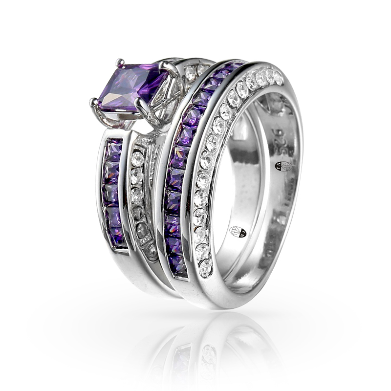 imagem #PURPLE# 2 ANEIS EM 1 DE BRONZE FOLHEADO A PRATA 925S COM LINDOS CRISTAIS ROXOS DE SWAROVSKI