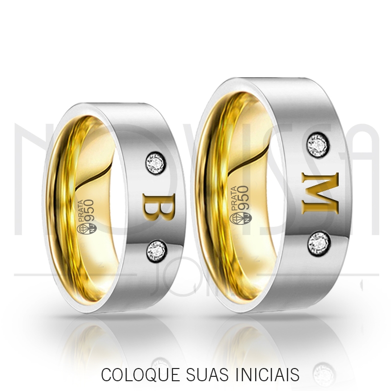 imagem ALIANÇAS DE PRATA 950, COM/SEM SWAROVSKI E ACABAMENTO EM ALTO BRILHO COM OURO 