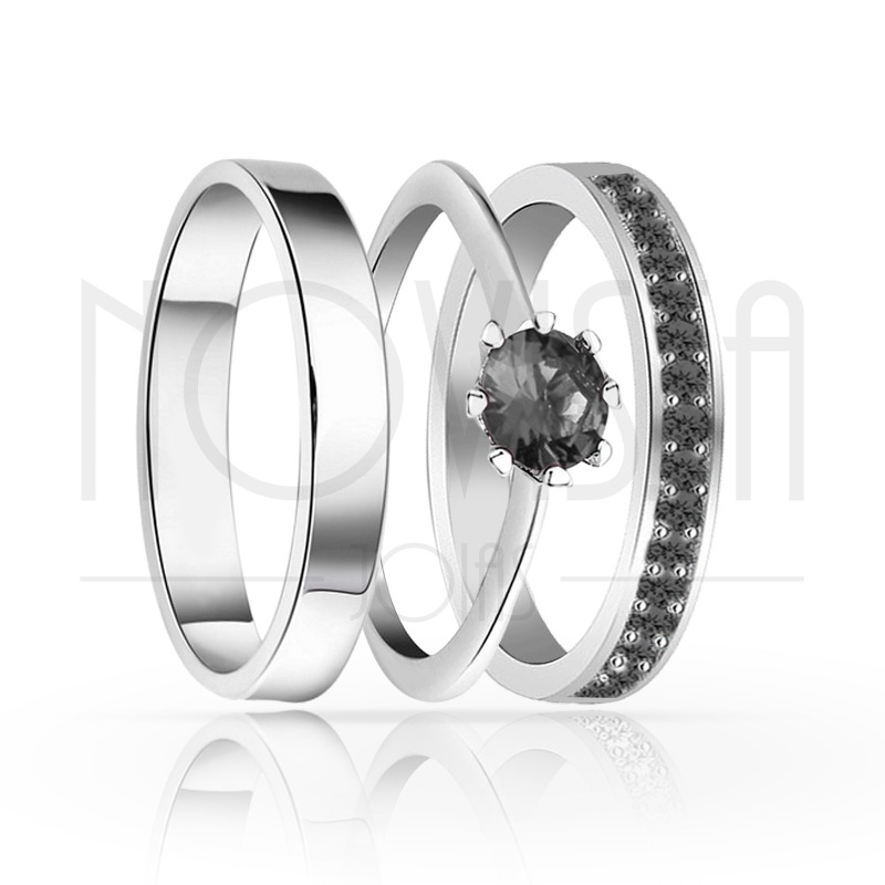 imagem BLACK - PAR DE ALIANÇAS + ANEL SOLITARIO EM PRATA950 COM LINDO CRISTAL DE SWAROVSKI