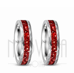 imagem  AVALON - *Eternidade e Mistério*  ALIANÇAS DE TUNGSTÊNIO MAGNETIZADO A OURO18k E TITANIUM ACABAMENTO FOSCO COM INLAY DE RUBY